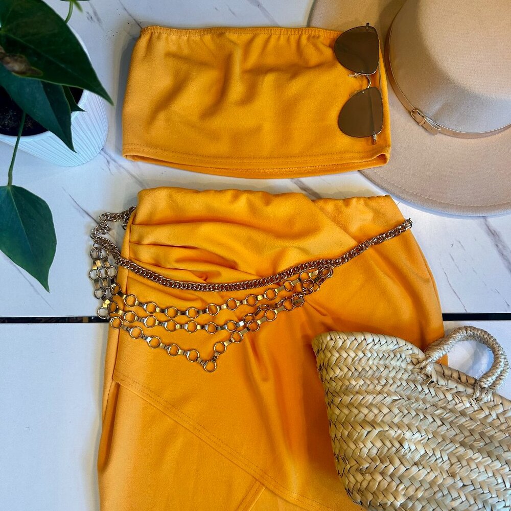 strapless yellow two piece set